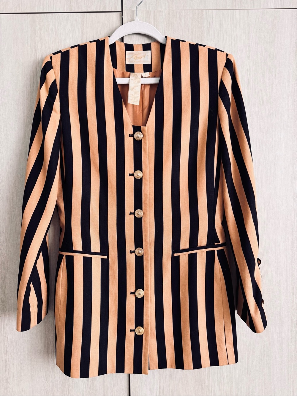 Striped Navy and Tan Longline Blazer with gold buttons
